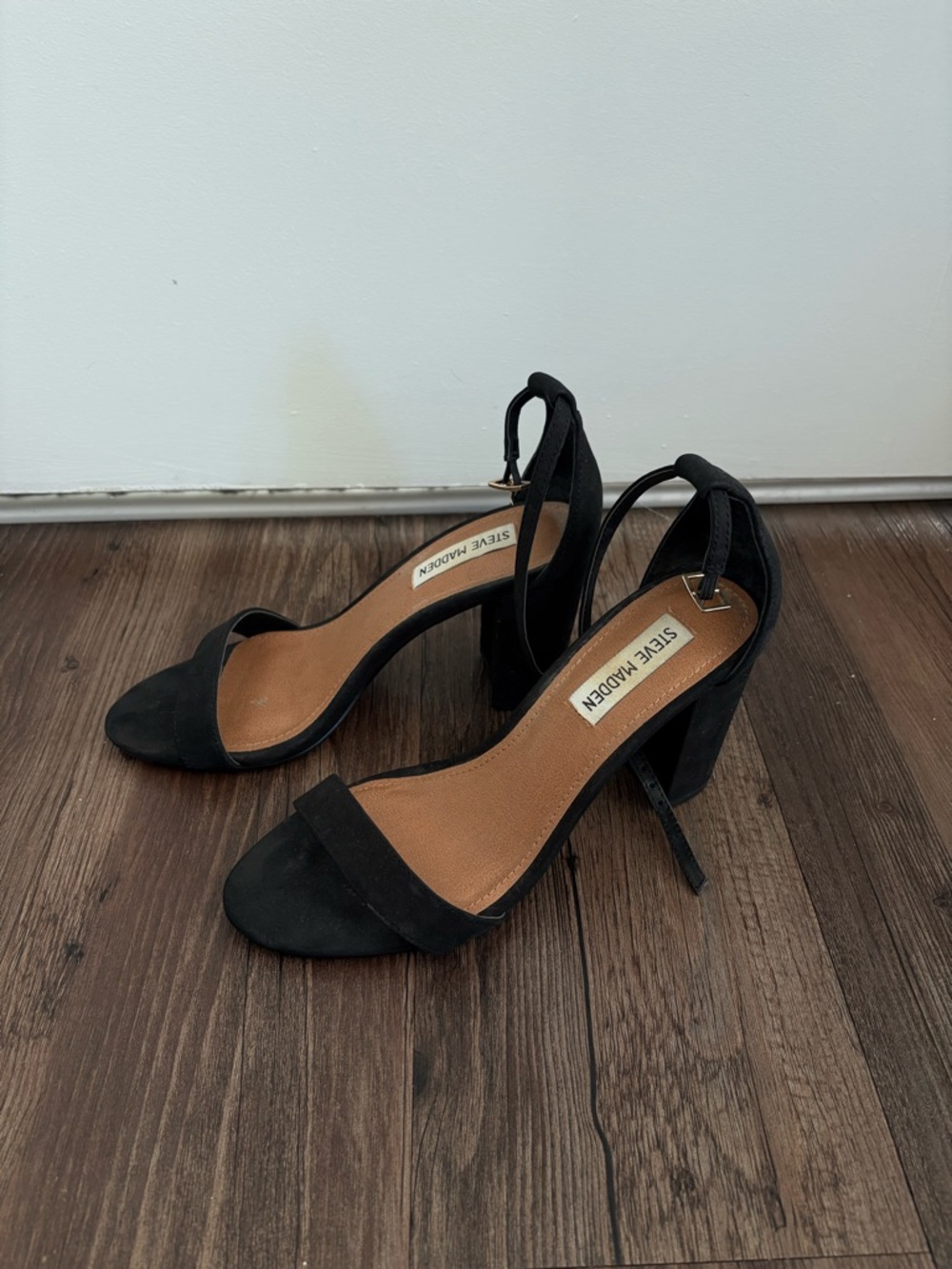 Steve Madden Black Suede Open-Toe Ankle Strap Block Heels